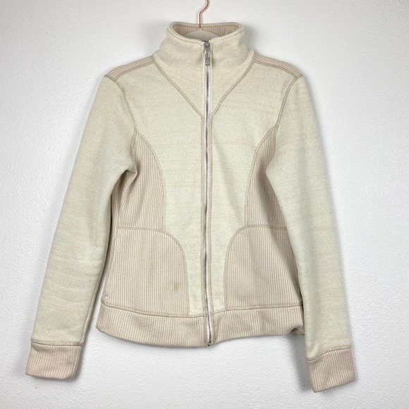 PrAna Tobi Full Zip Sweater Two Tone Cream Beige Pockets Ribbed Knit Women L - Picture 2 of 13